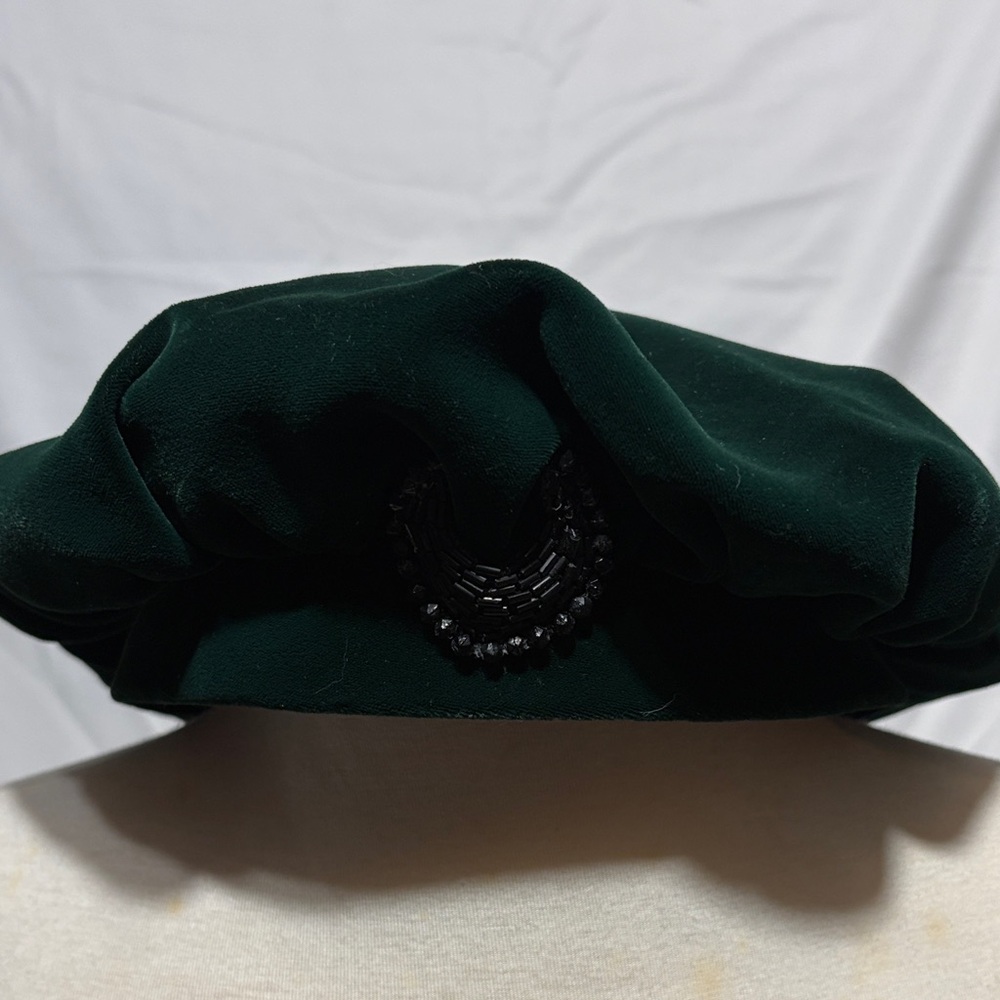 Dark Green Vintage MARK III Velvet Beret with Black Beaded Accent